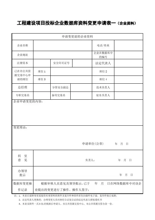 工程建设项目投标企业数据库资料变更申请表一(企业资料)