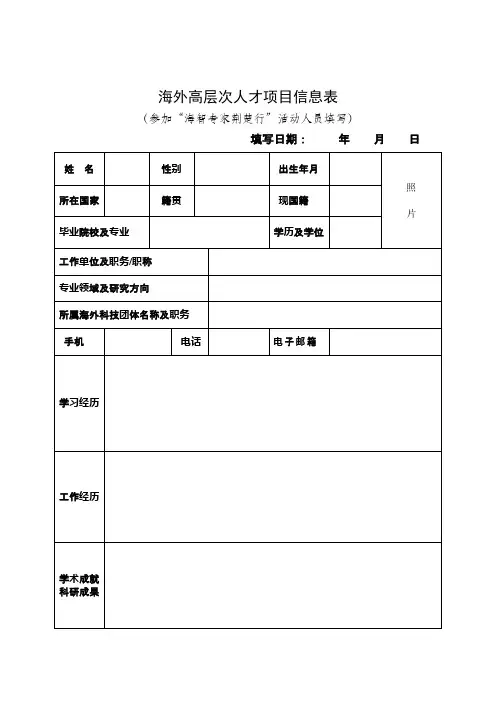 海外高层次人才项目信息表