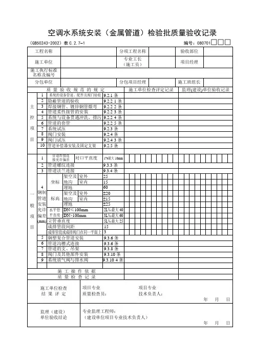 空调水系统安装(金属管道)检验批质量验收记录