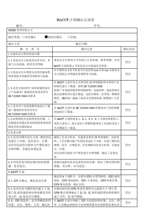 HACCP计划确认记录表