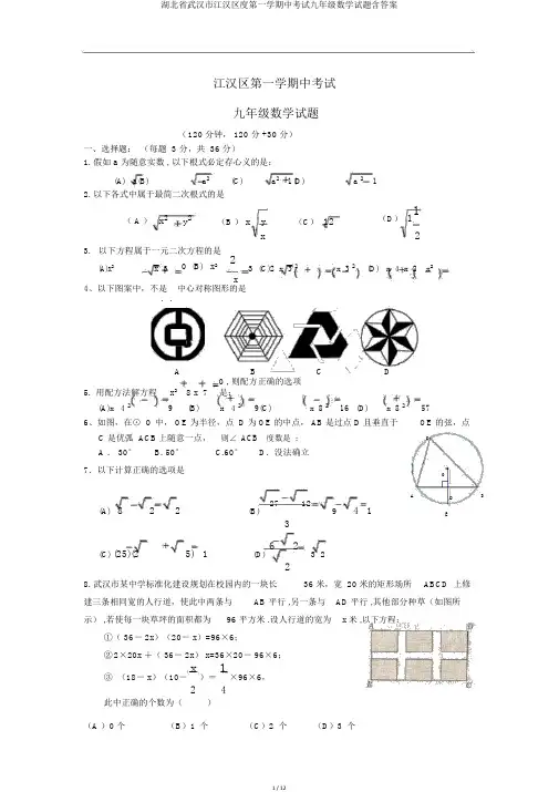 湖北省武汉市江汉区度第一学期中考试九年级数学试题含答案