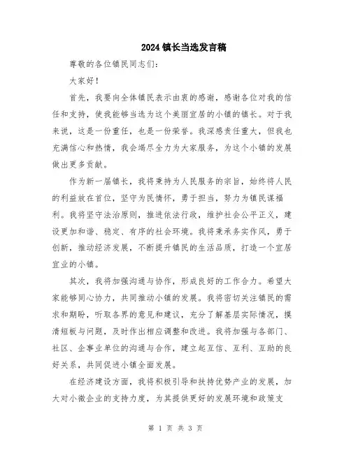 2024镇长当选发言稿
