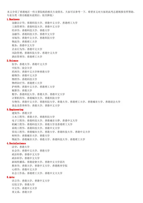 香港高校专业分类排名