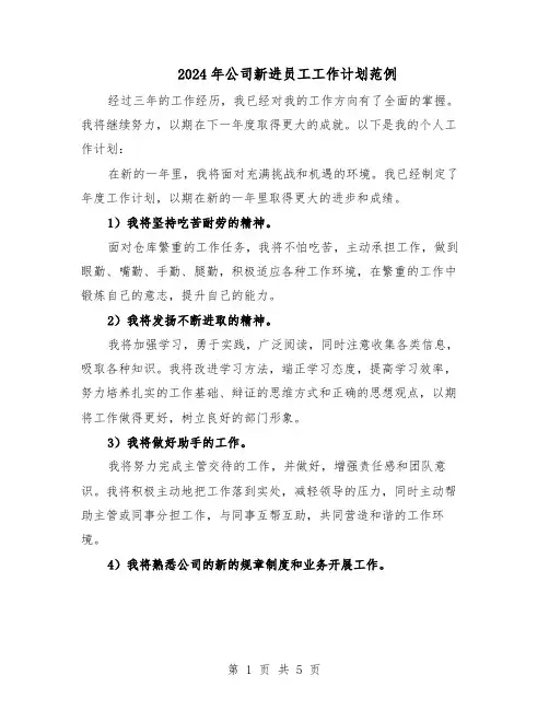 2024年公司新进员工工作计划范例（3篇）
