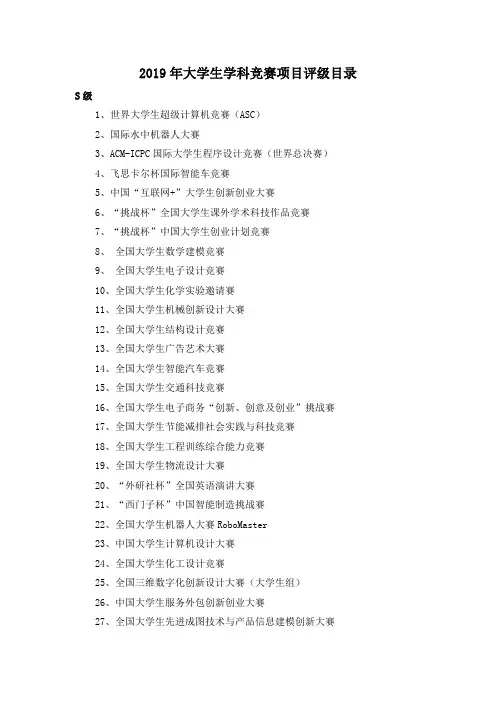 2019年大学生学科竞赛项目评级目录