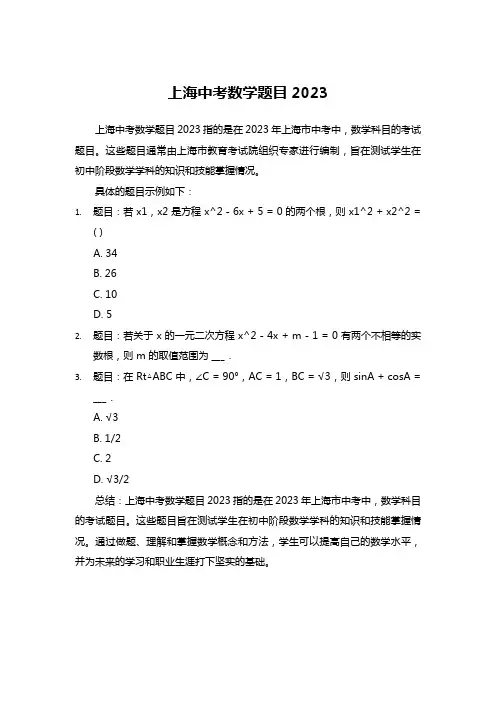 上海中考数学题目2023