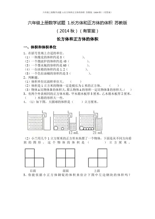 六年级上册数学试题 1.长方体和正方体的体积 苏教版(有答案)
