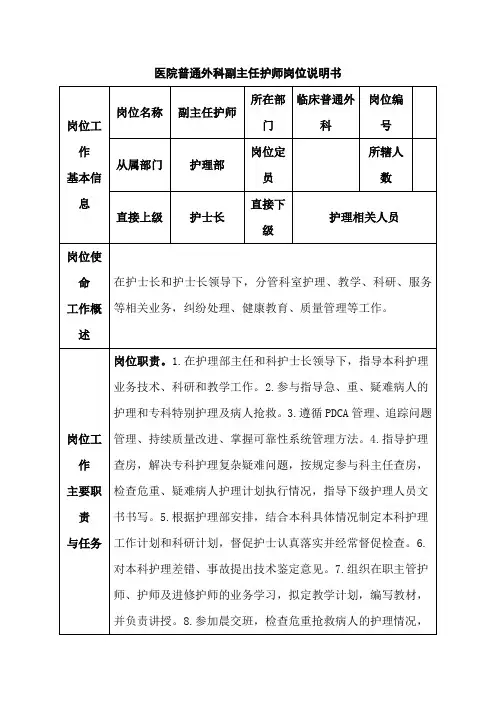 医院普通外科副主任护师岗位说明书
