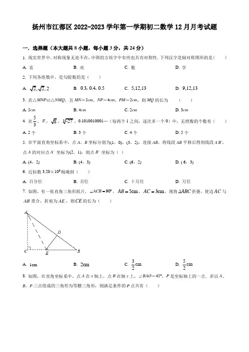 扬州市江都区2022-2023学年第一学期初二数学12月月考试题及解析 
