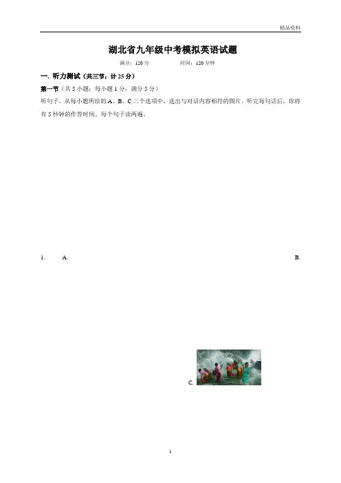 2020年湖北省九年级中考模拟英语试题(附答案)