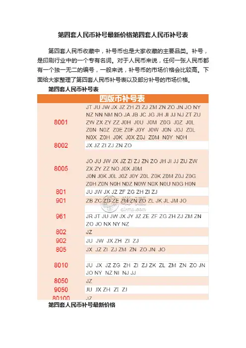 第四套人民币补号最新价格第四套人民币补号表