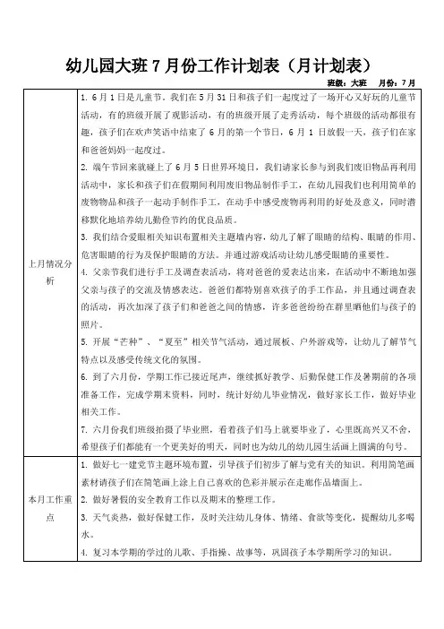 幼儿园大班7月份工作计划表(月计划表)