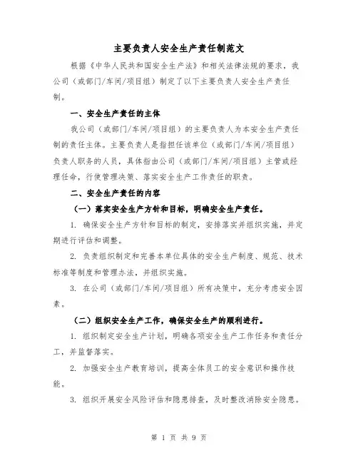 主要负责人安全生产责任制范文(7篇)