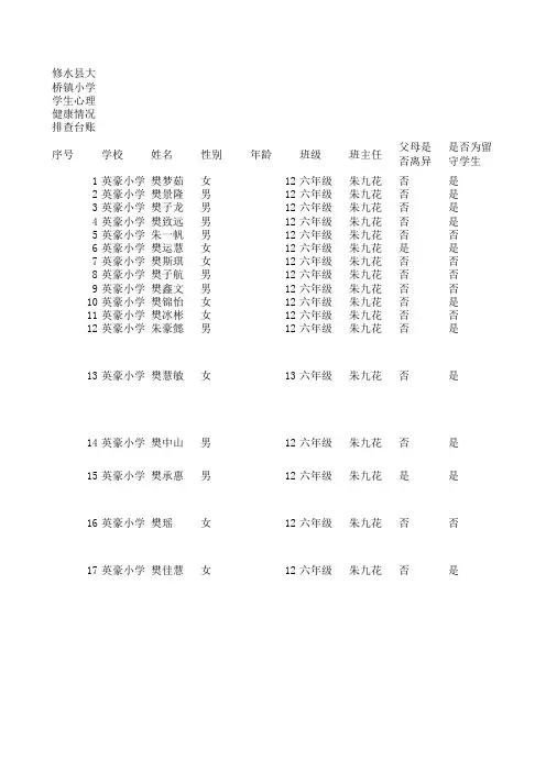 英豪小学学生心理健康排查表