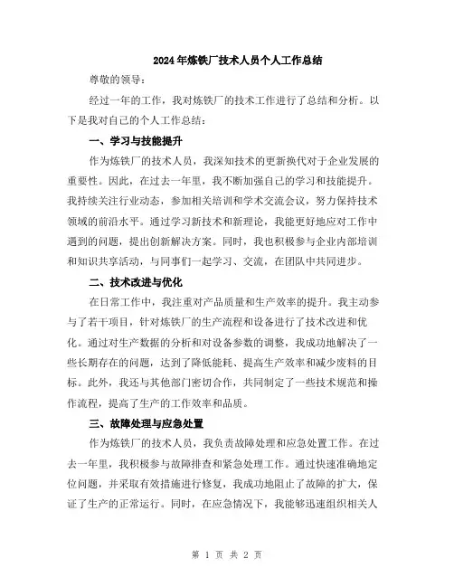 2024年炼铁厂技术人员个人工作总结