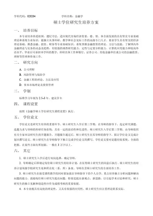 学科代码020204学科名称金融学