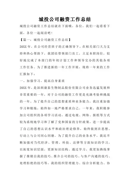 城投公司融资工作总结