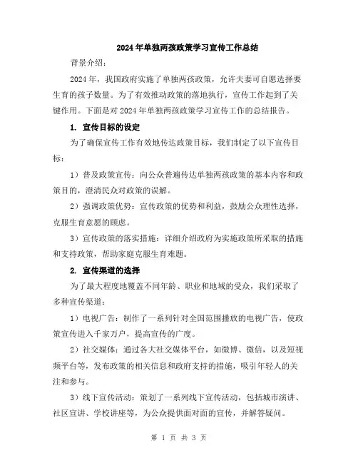 2024年单独两孩政策学习宣传工作总结