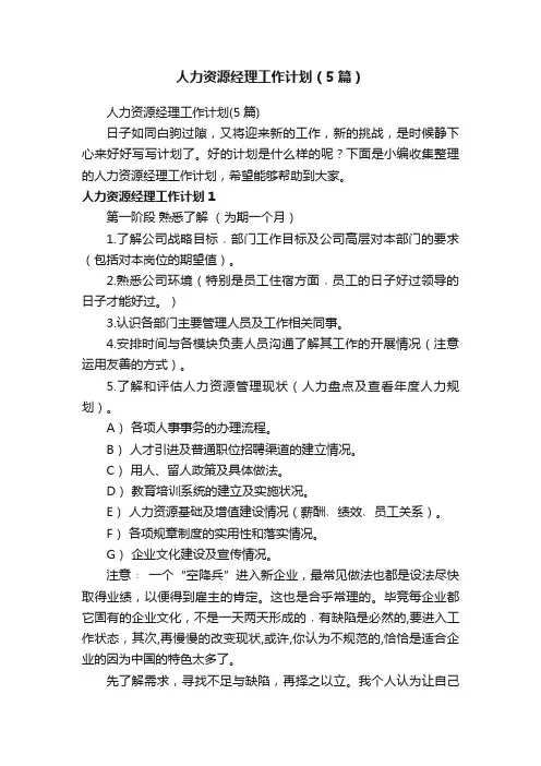 人力资源经理工作计划（5篇）