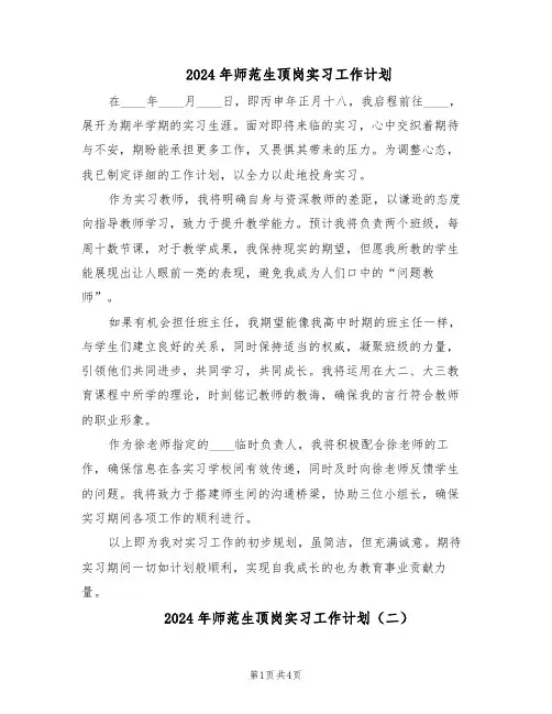 2024年师范生顶岗实习工作计划（三篇）