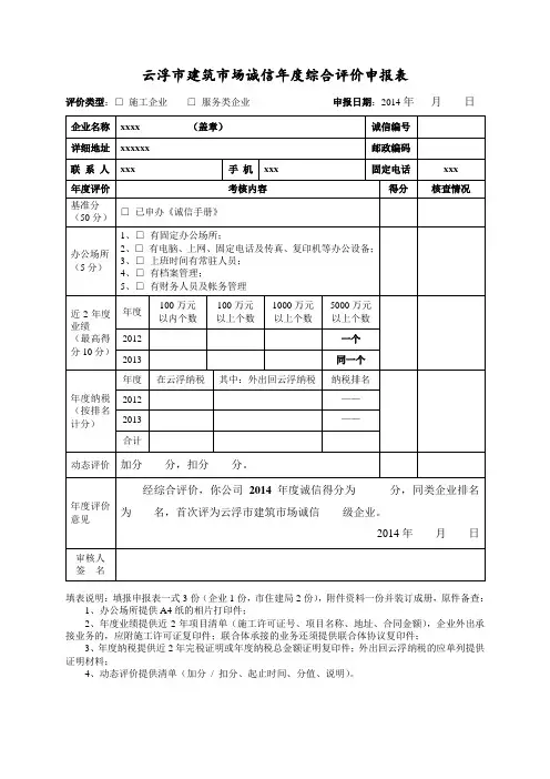 云浮市建筑市场诚信年度综合评价申报表