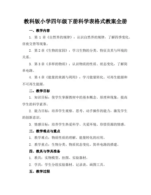 教科版小学四年级下册科学表格式教案全册