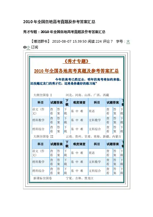 2010年全国各地高考真题及参考答案汇总