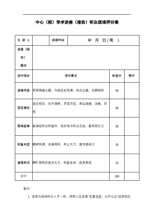 中心(院)学术讲座(报告)听众现场评分表【模板】