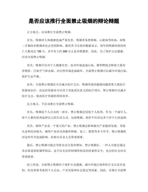 是否应该推行全面禁止吸烟的辩论辩题