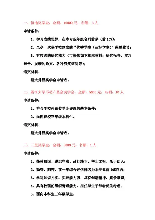 一、恒逸奖学金,金额10000元,名额3人