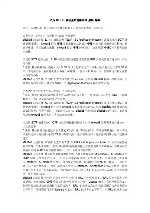 华为TD LTE移动基站告警名称 解释 影响