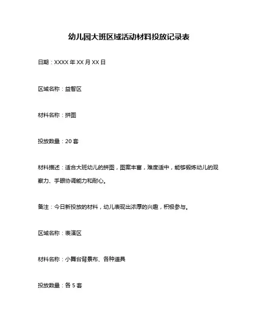 幼儿园大班区域活动材料投放记录表