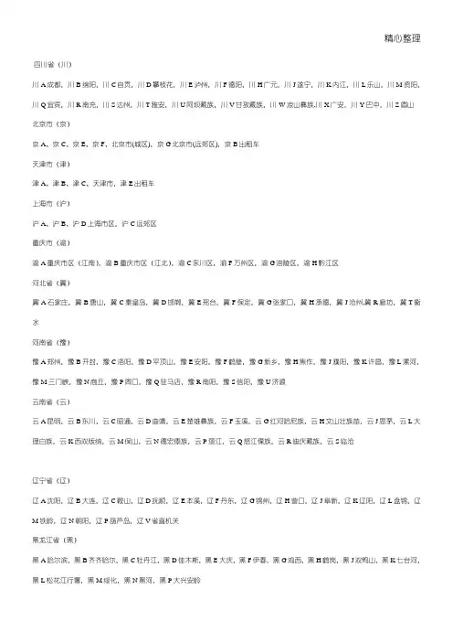 全国各地汽车牌照归属地