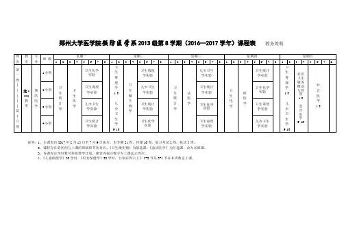 郑州大学医学院预防医学系2013级第8学期(2016-2017学年)课程表