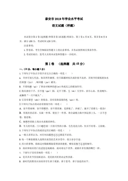 (最新)2019年泰安中考语文仿真模拟检测试题(含答案)