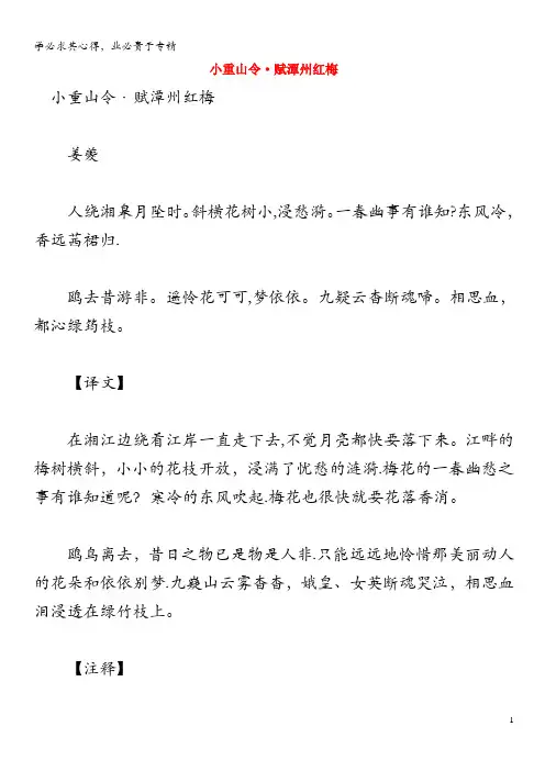 初中语文 古诗文赏析 姜夔《小重山令 赋潭州红梅》原文、译文及赏析