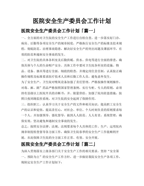 医院安全生产委员会工作计划