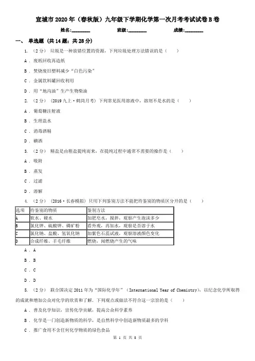 宣城市2020年(春秋版)九年级下学期化学第一次月考考试试卷B卷