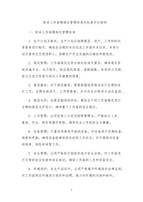 综采工作面精细化管理标准及检查评分细则