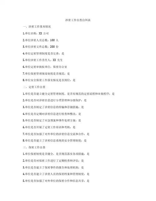 涉密工作自查自纠表