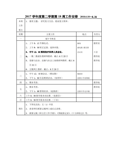 2017学年度第二学期第18周工作安排2018.6.18~6.24