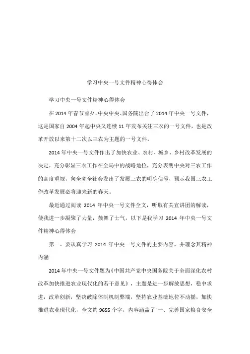 学习中央一号文件精神心得体会