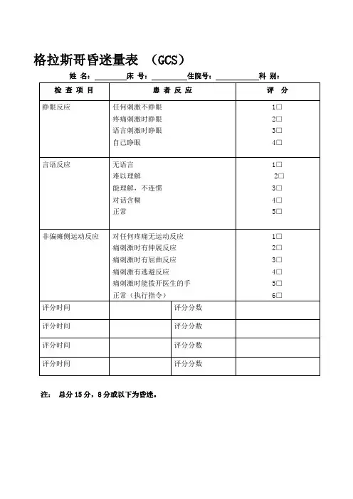 GCS评分表