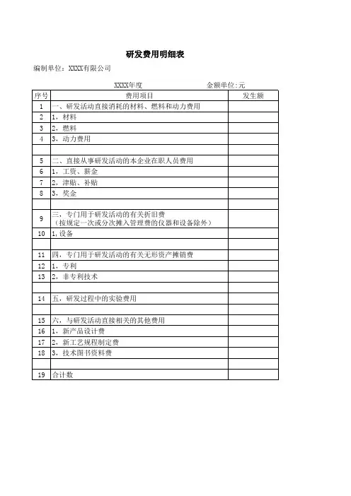 研发费用明细表 模版