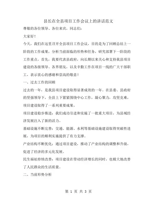 县长在全县项目工作会议上的讲话范文