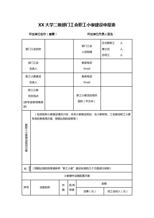 XX大学二级部门工会职工小家建设申报表