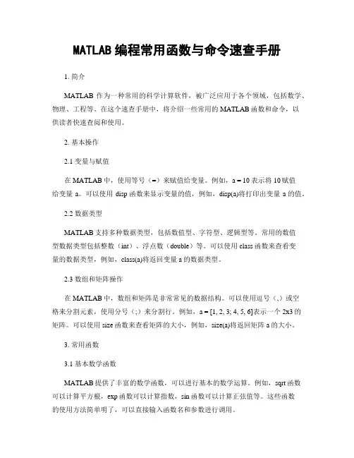 MATLAB编程常用函数与命令速查手册