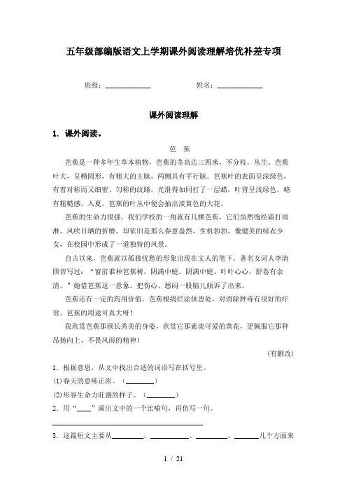 五年级部编版语文上学期课外阅读理解培优补差专项