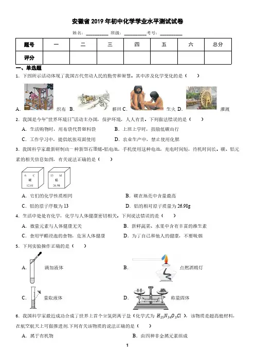 安徽省2019年中考化学真题(含答案)