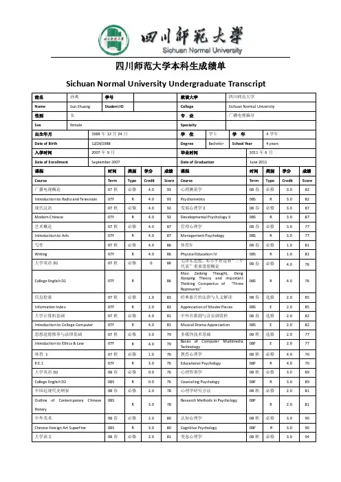 四川师范大学本科生成绩单